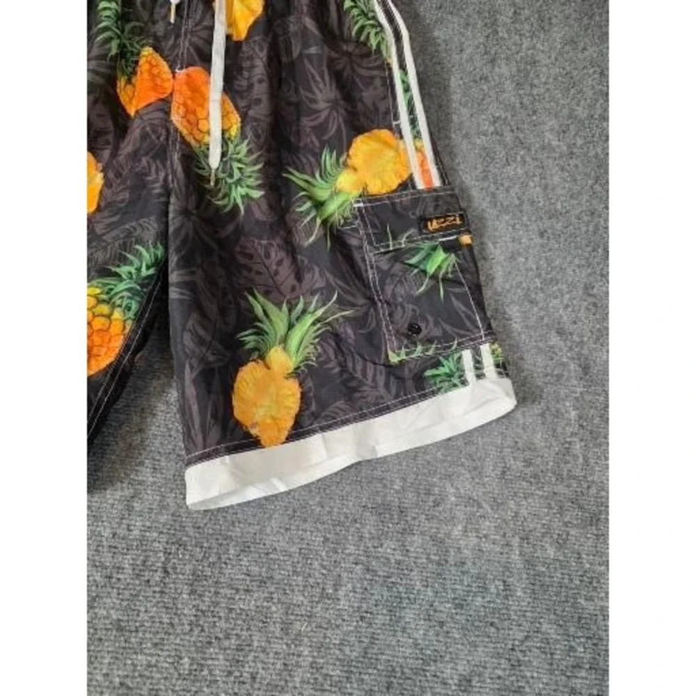 UZZI Mens Pineapple Print Cargo Swim Trunks Black Tropical Board Shorts‎ Sz M